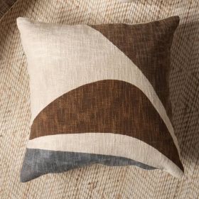 Handcrafted Cotton Slub Abstract Printed Square Pillow (Color: Khaki)