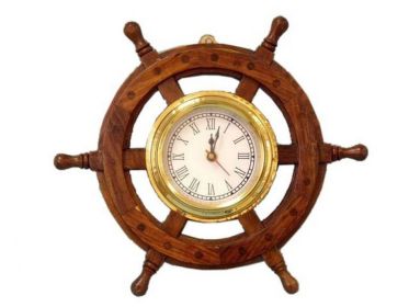 Deluxe Class Wood And Brass Ship Wheel Clock (Color: 12"")