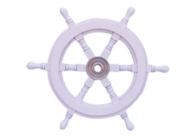 Deluxe Class White Wood and Chrome Ship Decorative Steering Wheel (size: 18"")