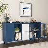 Modern Kitchen Pantry Storage Cabinet , 55" Coffee Bar Storage Cabinet with 2 Drawers, 2 Open Storage Compartment & 2 Glass Doors