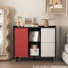 Sideboard Buffet Cabinet, Black Storage Cabinet with Red Doors , 2 Drawers with unique panel styling and 2 Open Storage Compartment