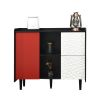 Sideboard Buffet Cabinet, Black Storage Cabinet with Red Doors , 2 Drawers with unique panel styling and 2 Open Storage Compartment