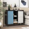 Sideboard Buffet Cabinet, Black Storage Cabinet with Red Doors , 2 Drawers with unique panel styling and 2 Open Storage Compartment