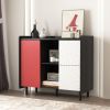 Sideboard Buffet Cabinet, Black Storage Cabinet with Red Doors , 2 Drawers with unique panel styling and 2 Open Storage Compartment