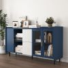 Modern Kitchen Pantry Storage Cabinet , 55" Coffee Bar Storage Cabinet with 2 Drawers, 2 Open Storage Compartment & 2 Glass Doors