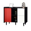 Sideboard Buffet Cabinet, Black Storage Cabinet with Red Doors , 2 Drawers with unique panel styling and 2 Open Storage Compartment