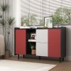 Sideboard Buffet Cabinet, Black Storage Cabinet with Red Doors , 2 Drawers with unique panel styling and 2 Open Storage Compartment