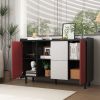 Sideboard Buffet Cabinet, Black Storage Cabinet with Red Doors , 2 Drawers with unique panel styling and 2 Open Storage Compartment