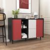 Sideboard Buffet Cabinet, Black Storage Cabinet with Red Doors , 2 Drawers with unique panel styling and 2 Open Storage Compartment