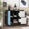 Sideboard Buffet Cabinet, Black Storage Cabinet with Red Doors , 2 Drawers with unique panel styling and 2 Open Storage Compartment