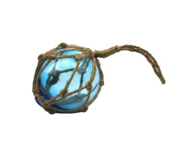 Light Blue Japanese Glass Ball Fishing Float With Brown Netting Decoration (size: 3"")