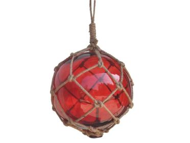 Red Japanese Glass Ball Fishing Float With Brown Netting Decoration (size: 12"")