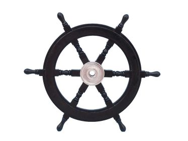 Deluxe Class Wood and Chrome Decorative Pirate Ship Steering Wheel (size: 24"")