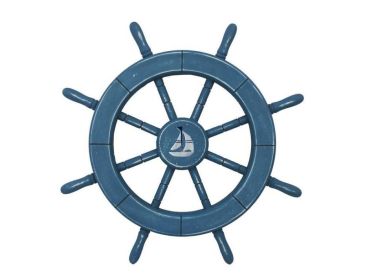 Rustic All Light Blue Decorative Ship Wheel With Sailboat (size: 18"")
