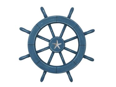 Rustic All Light Blue Decorative Ship Wheel With Starfish (size: 18"")