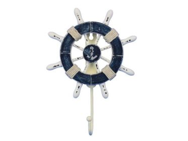 Rustic Dark Blue and White Decorative Ship Wheel with 8" (Option: Anchor and Hook)