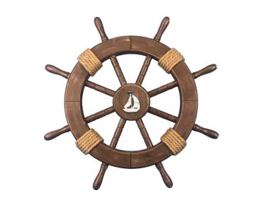Rustic Wood Finish Decorative Ship Wheel with Sailboat (Option: Size)