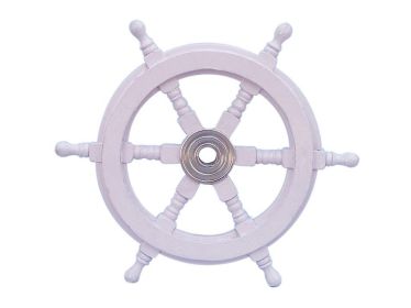 Deluxe Class White Wood and Chrome Ship Decorative Steering Wheel (size: 12"")