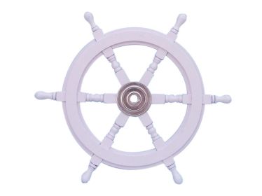 Deluxe Class White Wood and Chrome Ship Decorative Steering Wheel (size: 24"")