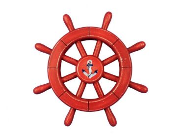 Rustic All Red Decorative Ship Wheel With 12"" (Option: Anchor)