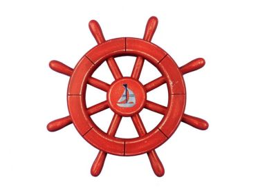 Rustic All Red Decorative Ship Wheel With 12"" (Option: Sailboat)