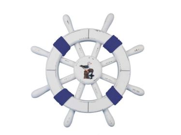 Rustic White Decorative Ship Wheel with Dark Blue Rope and 12"" (Option: Seagull)