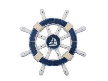 Rustic Dark Blue And White Decorative Ship Wheel With Sailboat (Option: Size)