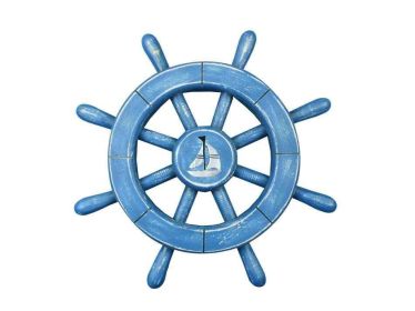 Rustic All Light Blue Decorative Ship Wheel With Sailboat (size: 12"")