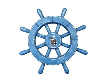 Rustic All Light Blue Decorative Ship Wheel With Seagull (size: 12"")