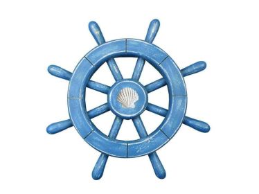 Rustic All Light Blue Decorative Ship Wheel With Seashell (size: 12"")