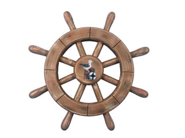 Rustic Wood Finish Decorative Ship Wheel With Seagull (Option: Size)
