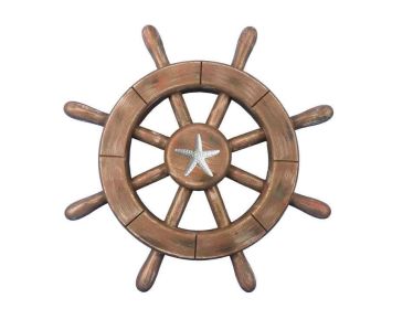 Rustic Wood Finish Decorative Ship Wheel With Starfish (Option: Size)