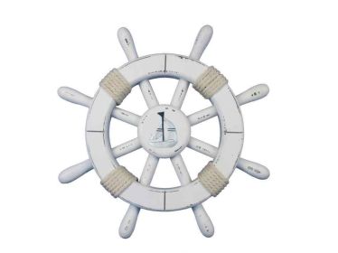 Rustic White Decorative Ship Wheel With Sailboat (Option: Size)